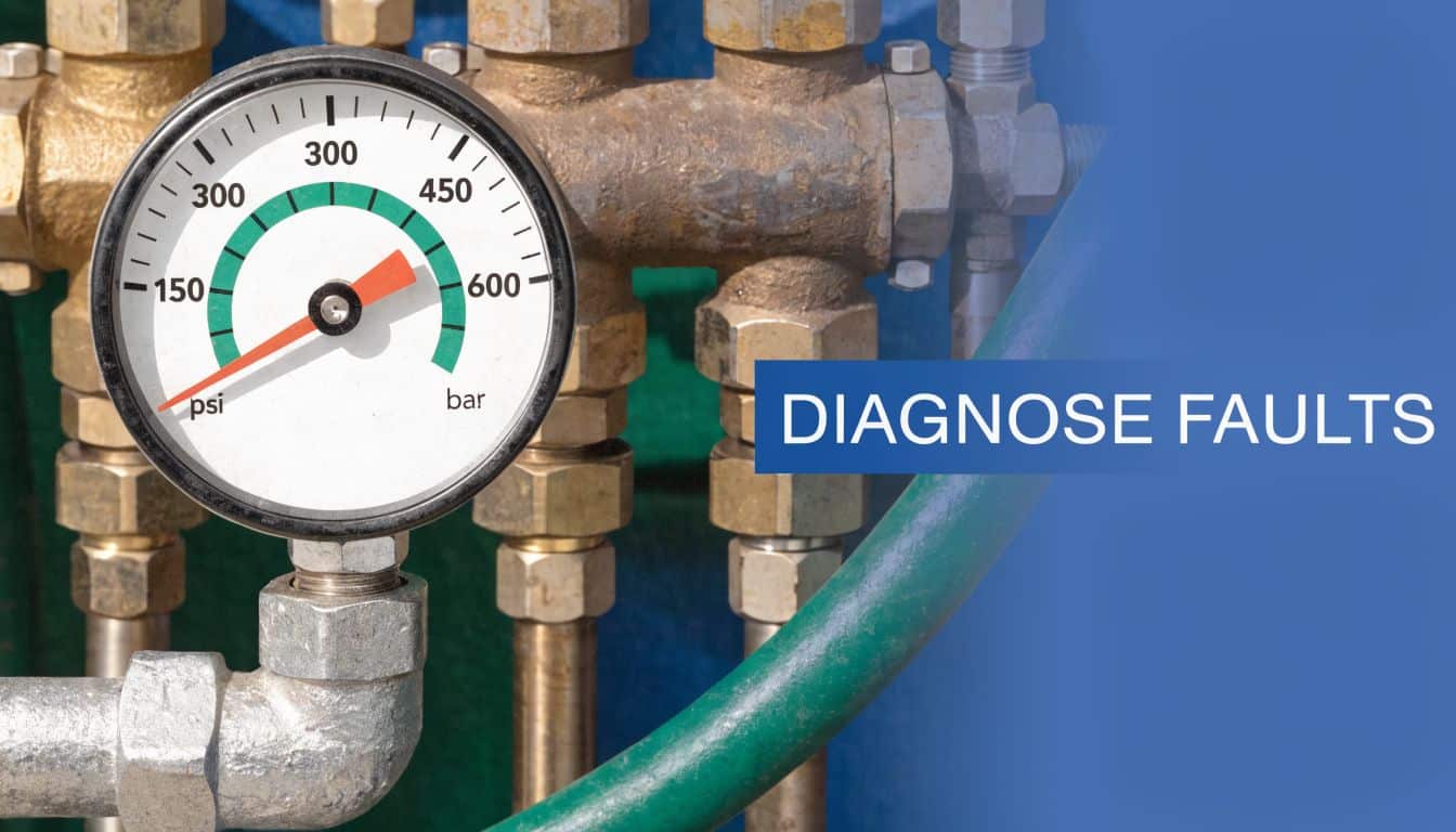 A close-up of a circular pressure gauge attached to metallic hydraulic piping and a green hose.