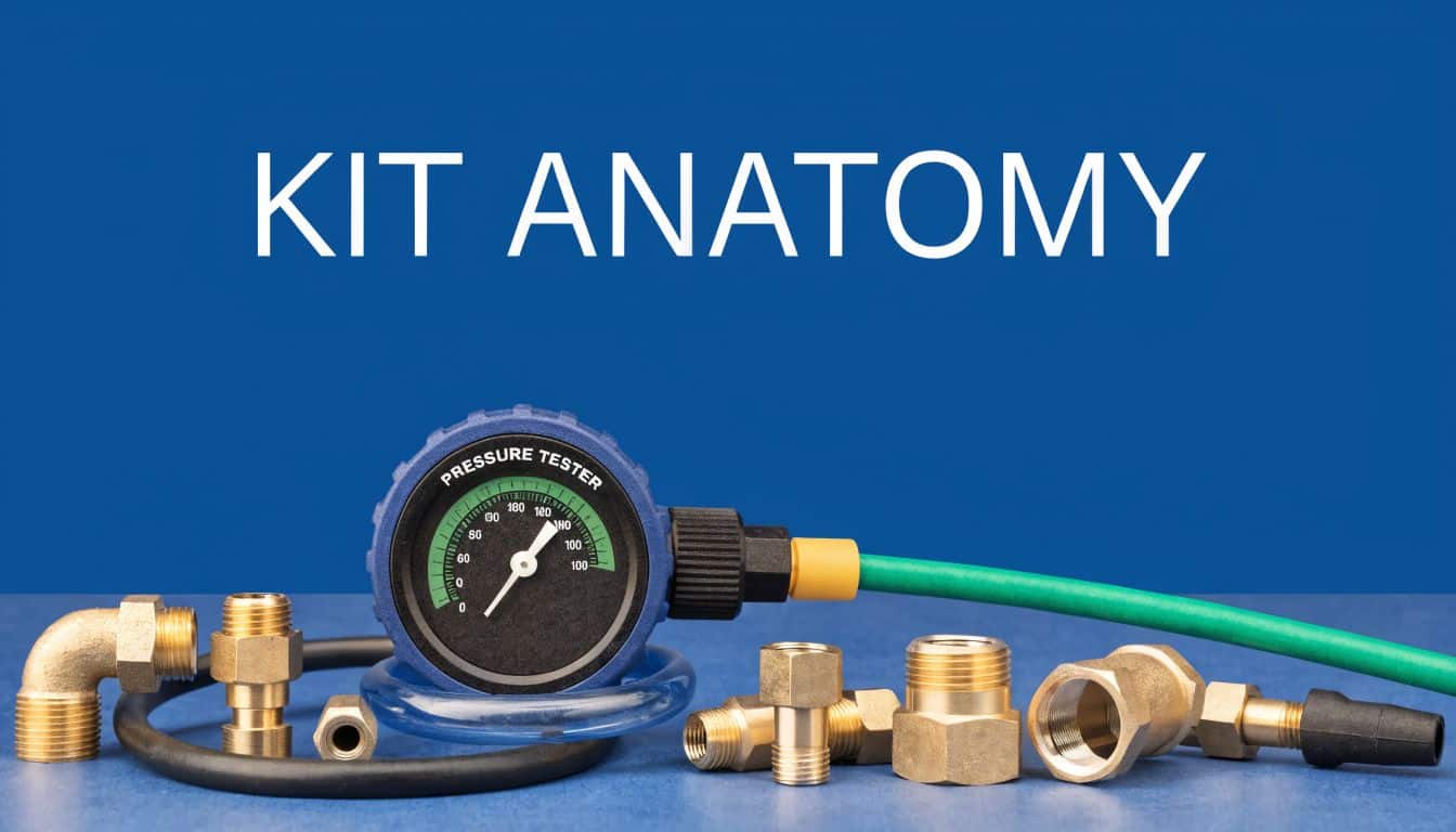 A professional hydraulic pressure tester kit with various brass fittings and a pressure gauge displayed centrally.