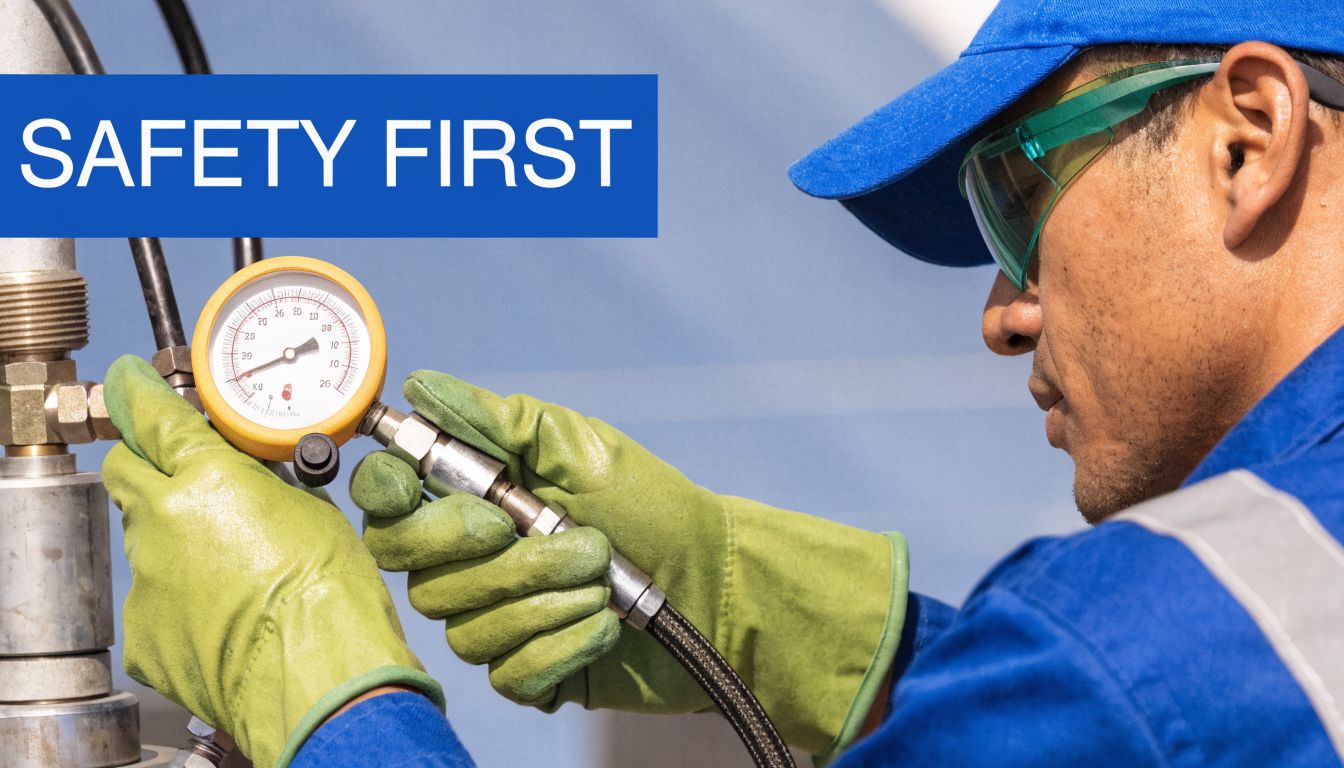 A technician wearing protective gloves and goggles uses a hydraulic pressure tester kit on equipment.