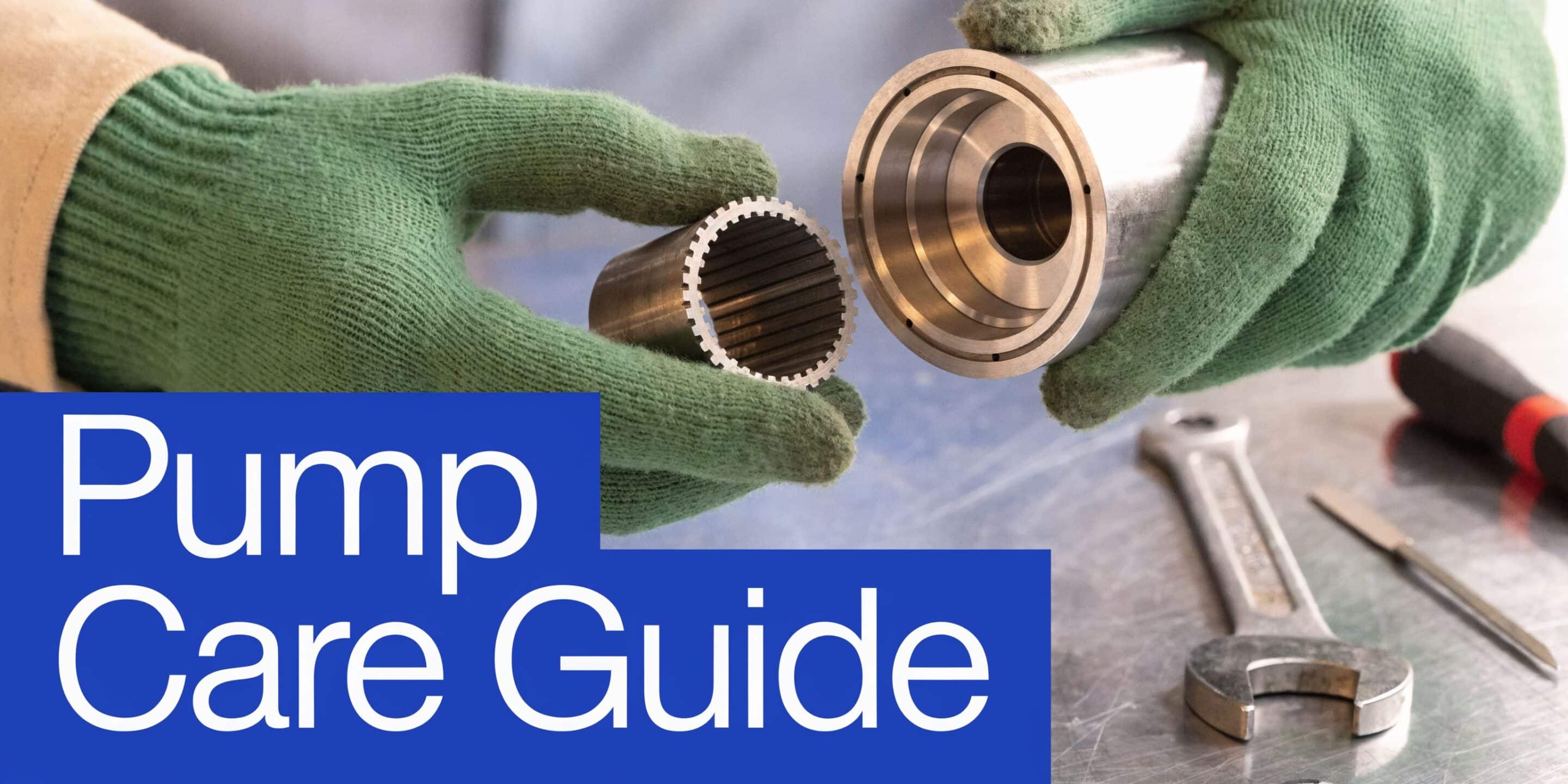 A technician wearing work gloves inspecting the disassembled components of an industrial internal gear pump.
