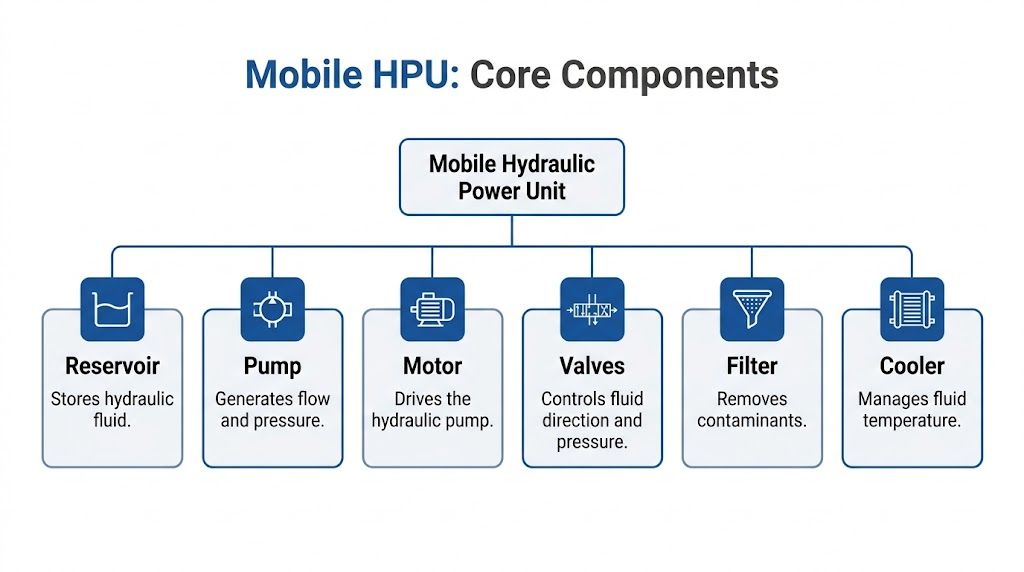 A diagram illustrating the core components of a mobile hydraulic power unit, including reservoir, pump, motor, valves, filter, and cooler.
