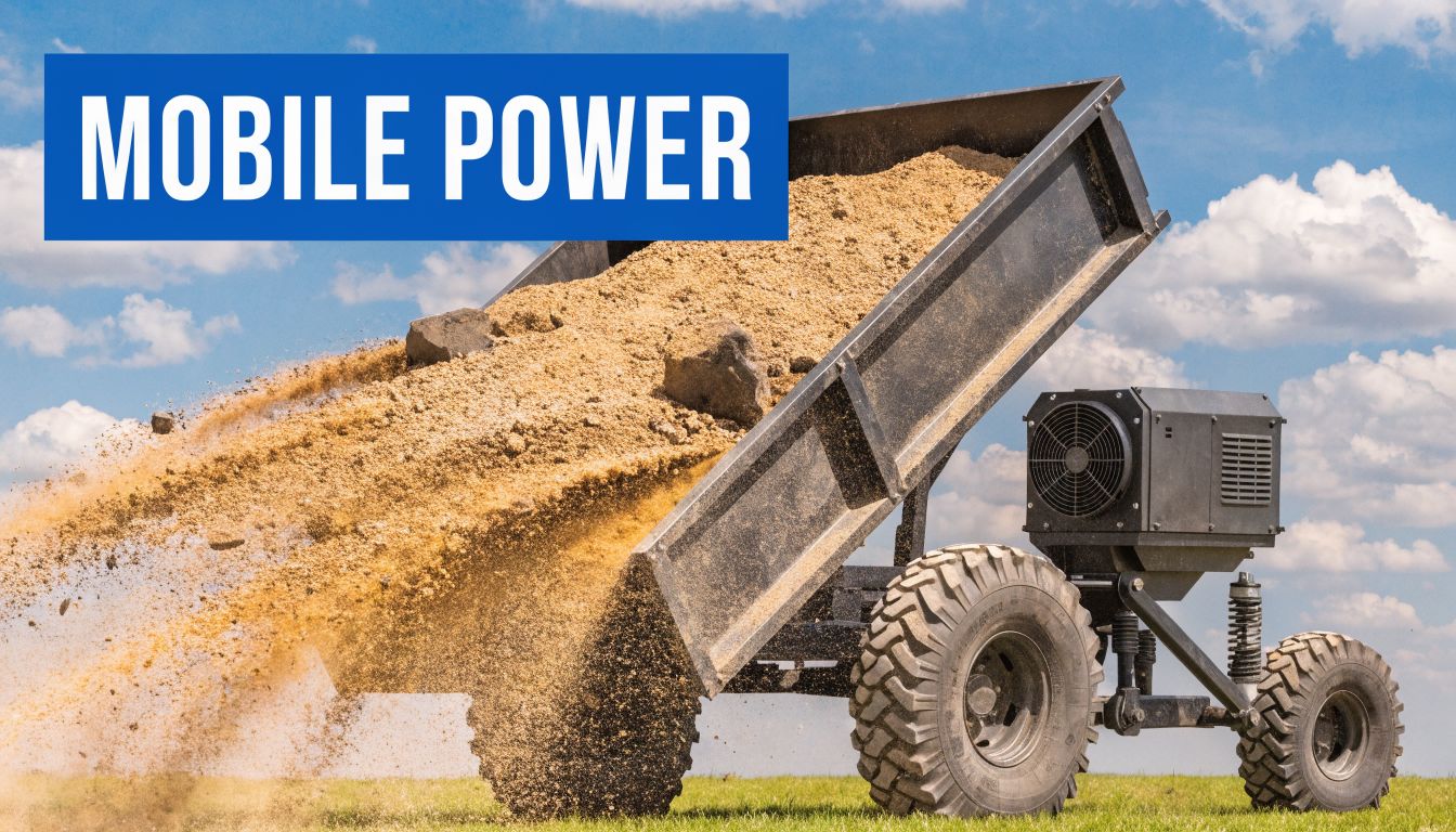 A mobile hydraulic power unit powering a dump trailer as it tilts and unloads sand outdoors.