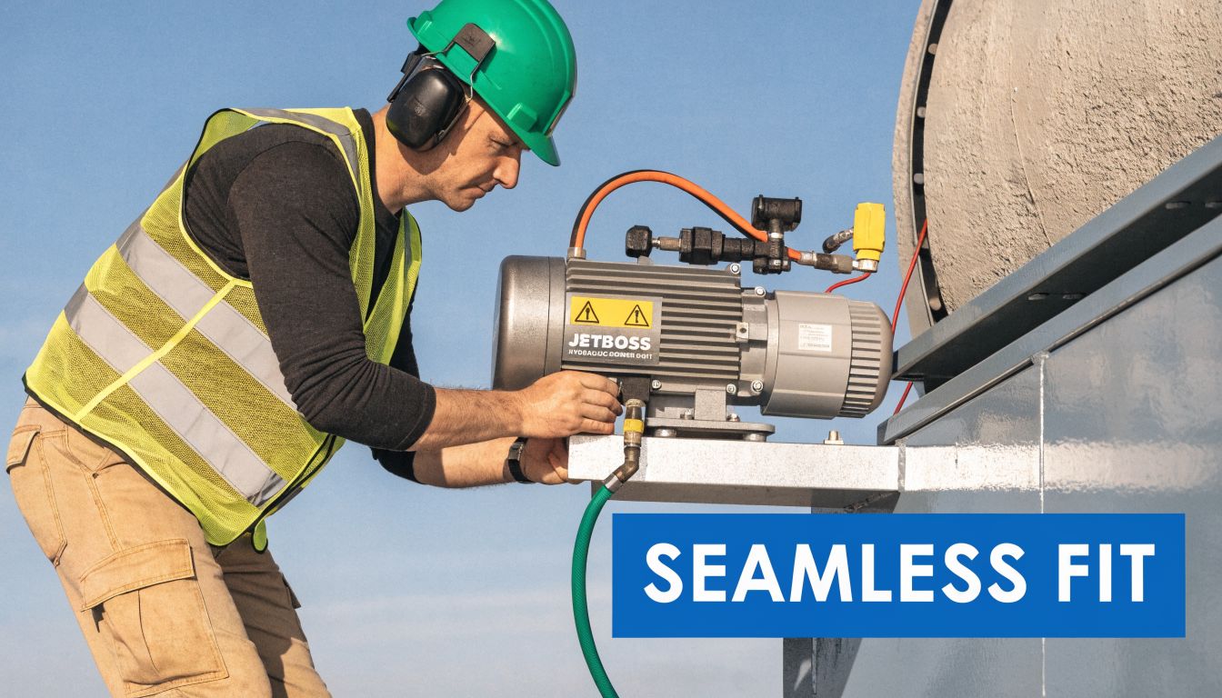A technician wearing a hard hat and high-visibility vest installs a mobile hydraulic power unit outdoors.