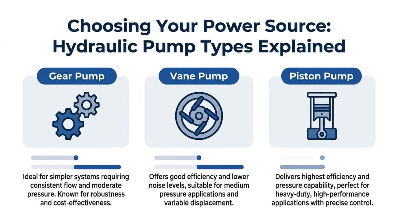 An infographic comparing gear pumps, vane pumps, and piston pumps for hydraulic systems with short descriptions.