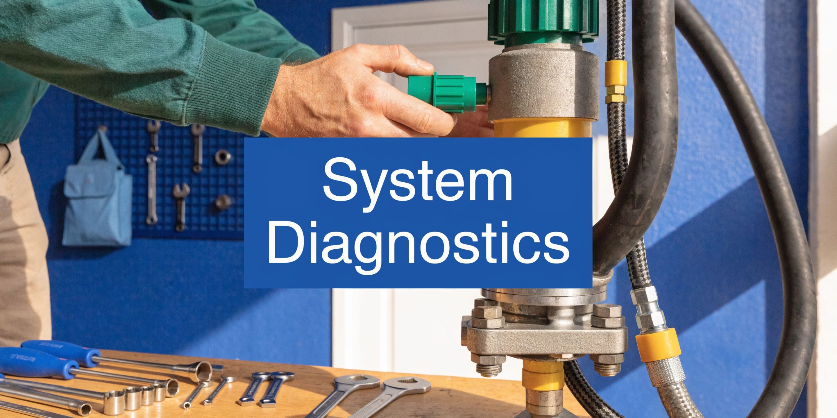 A technician performing maintenance on a motor pump hydraulic system with various professional tools on display.