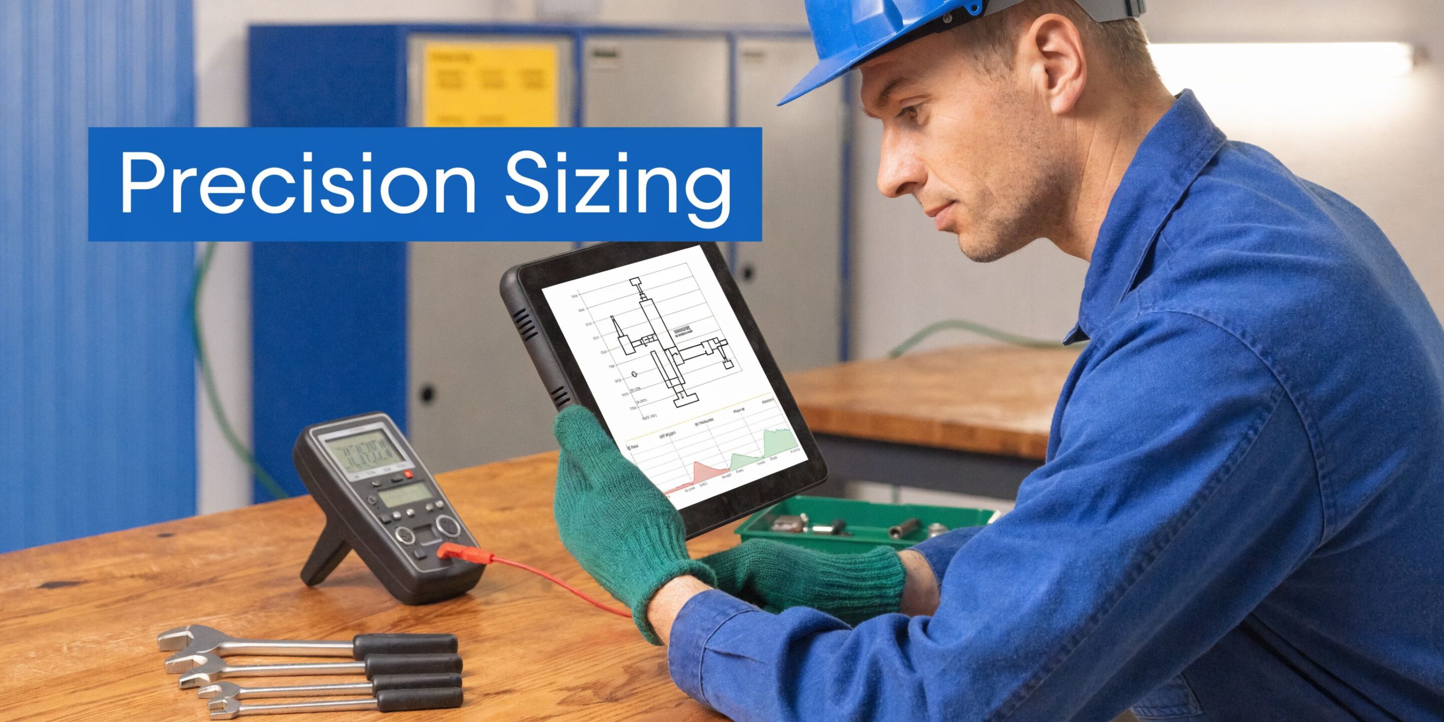 A technician wearing a blue hard hat and gloves analyzes hydraulic pump system data on a digital tablet.