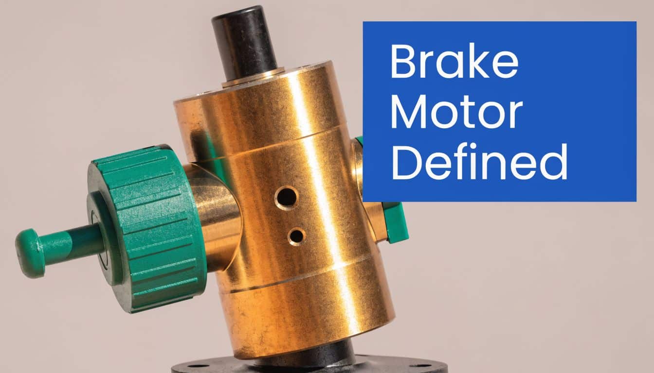 A close-up of an industrial mechanical brake component for a motor against a plain background.