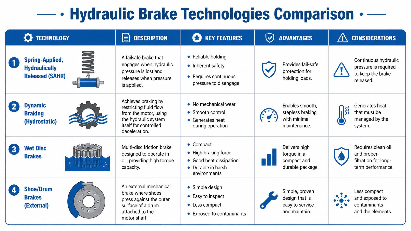 A comparison chart outlining the four main types of hydraulic brake technologies for industrial motors.