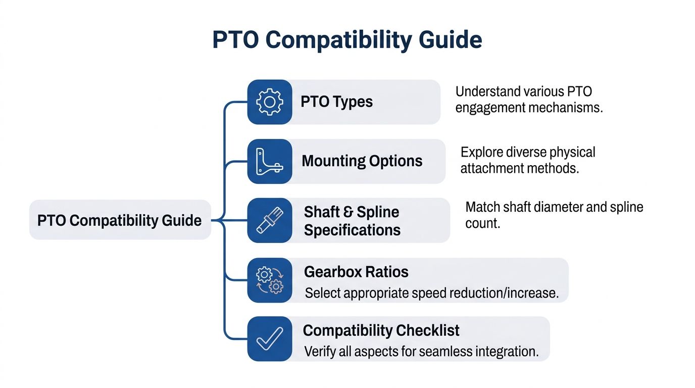 An infographic titled PTO Compatibility Guide outlining five key factors for selecting and installing power take-off units.