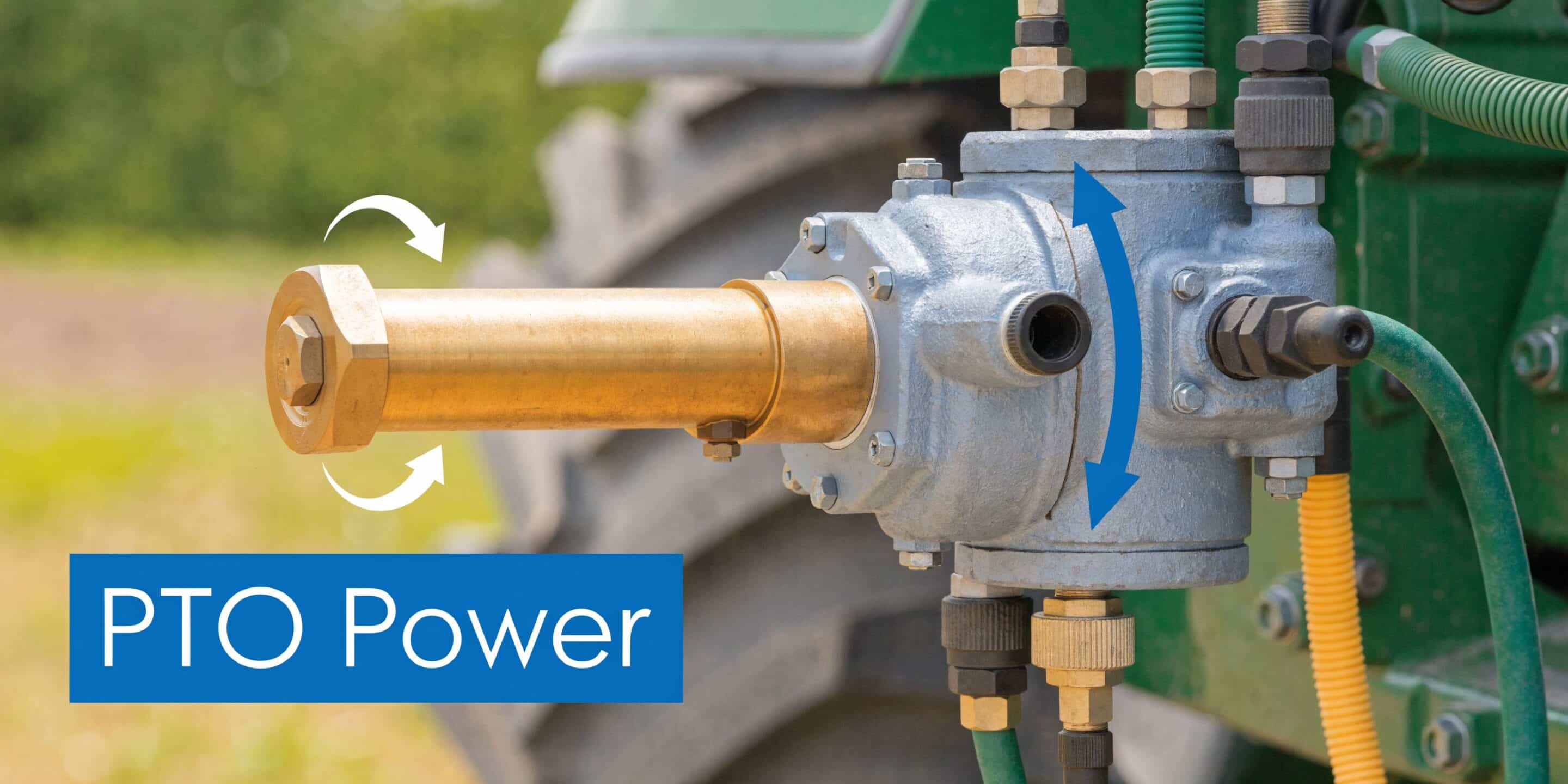 A close-up view of a tractor PTO hydraulic pump with directional arrows indicating rotation and flow.