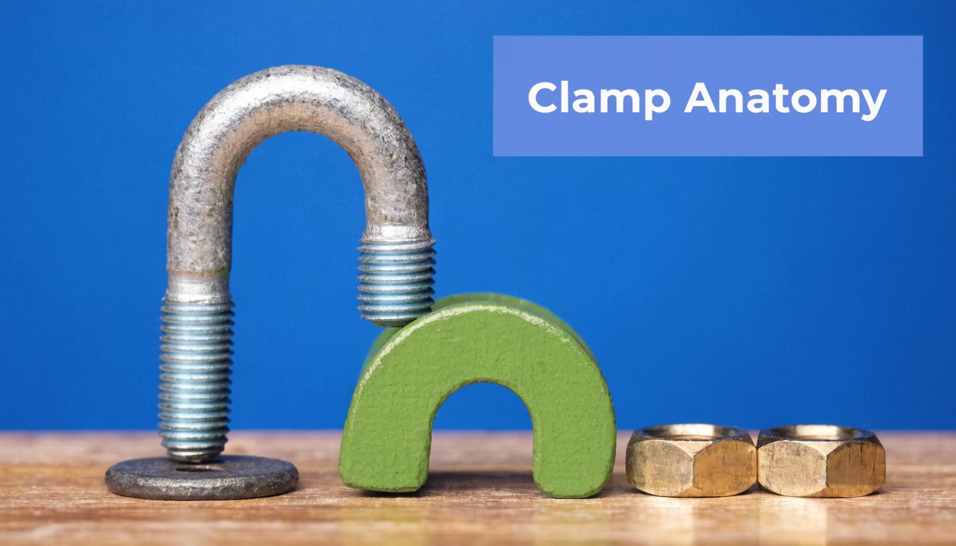 A disassembled U-bolt clamp kit including the metal U-bolt, a green saddle, and two hexagonal nuts.