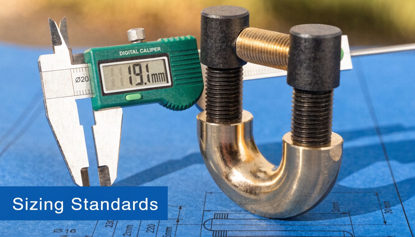 A digital caliper measuring the distance between the ends of a U-bolt clamp on a technical blueprint.