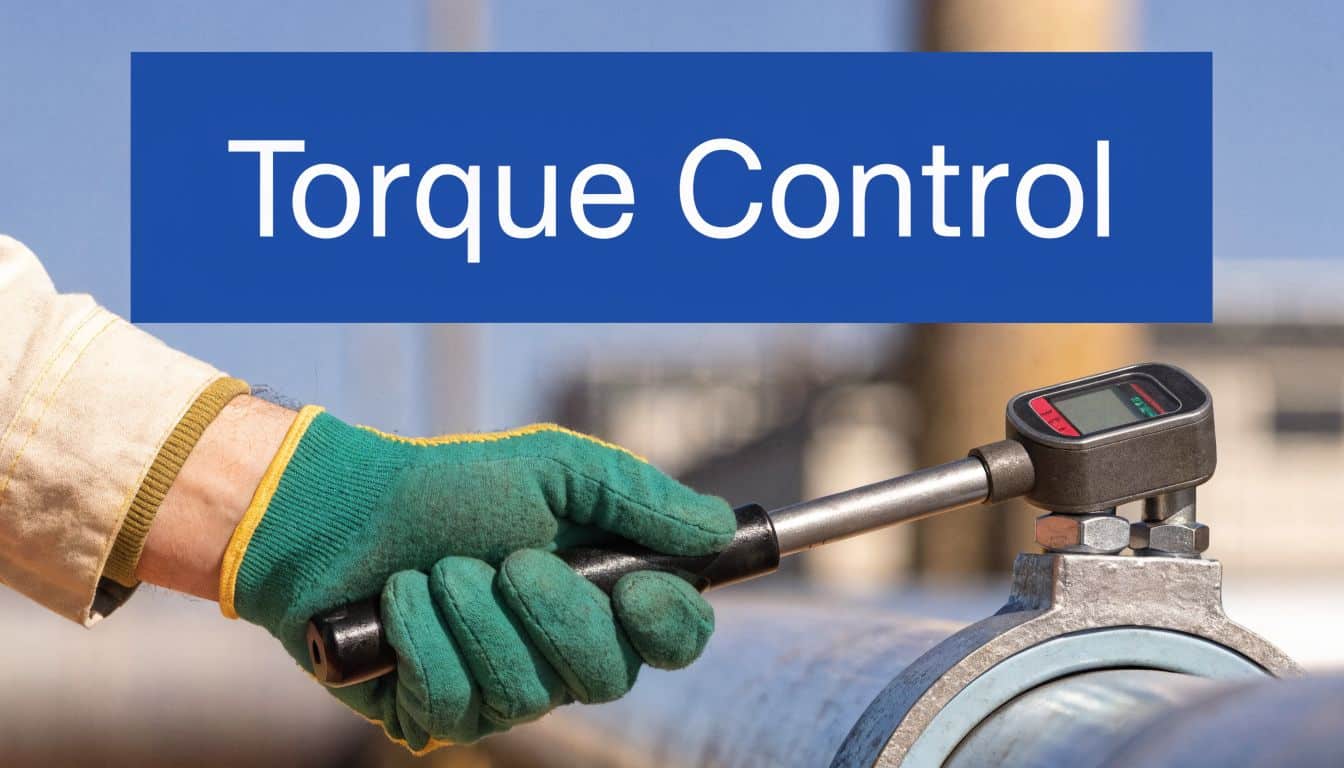 A gloved hand uses a digital torque wrench to tighten a bolt on a pipe.