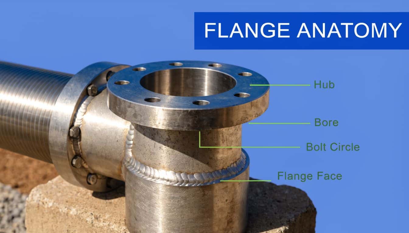 A metallic industrial welding neck flange with labels pointing out the hub, bore, bolt circle, and flange face.