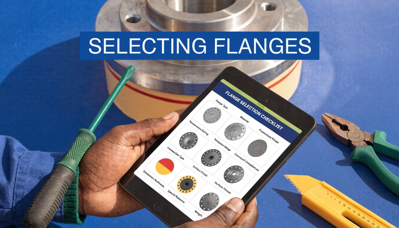 A person holding a tablet displaying a flange selection checklist next to industrial tools and a metal flange.