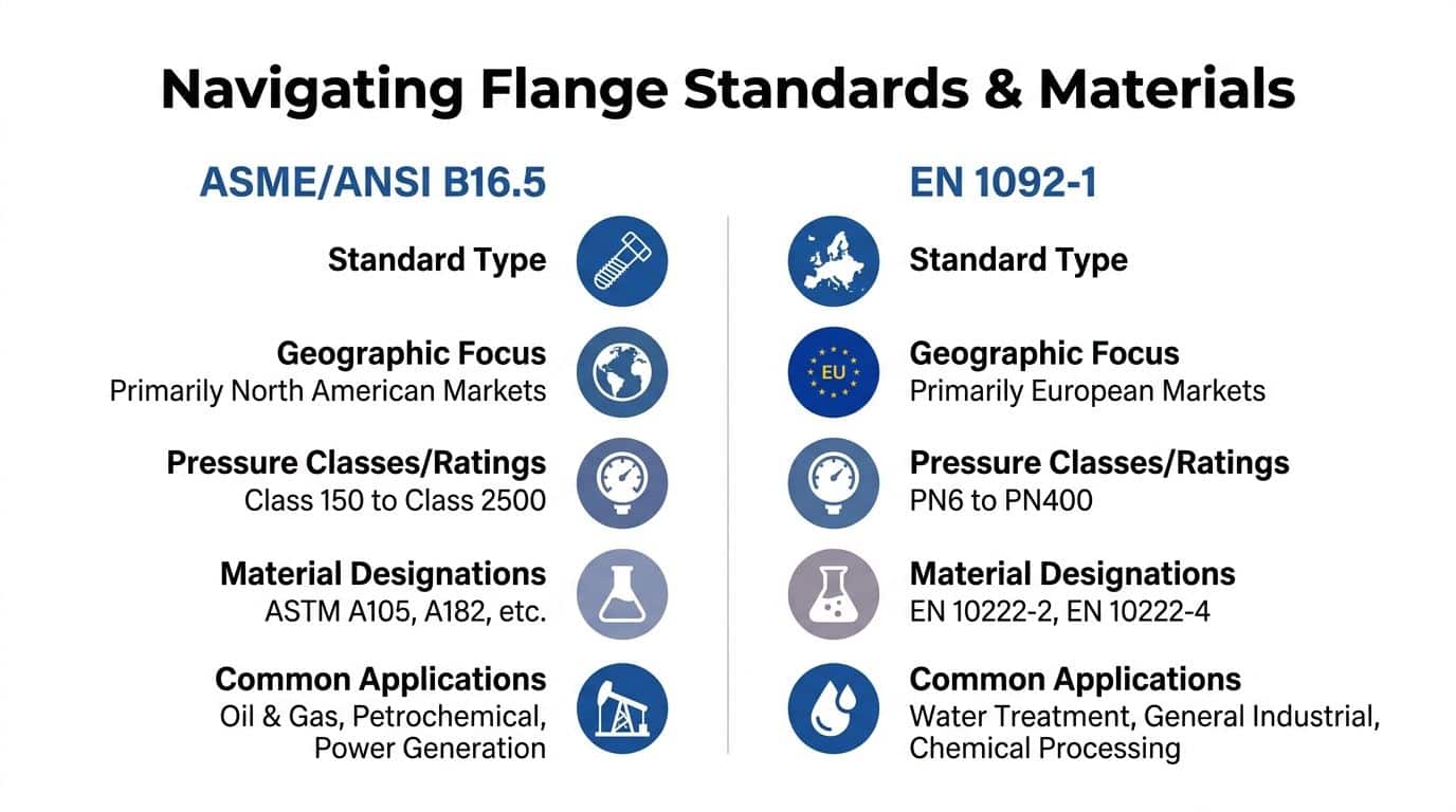 A comparison chart outlining differences between ASME/ANSI B16.5 and EN 1092-1 flange standards and materials.