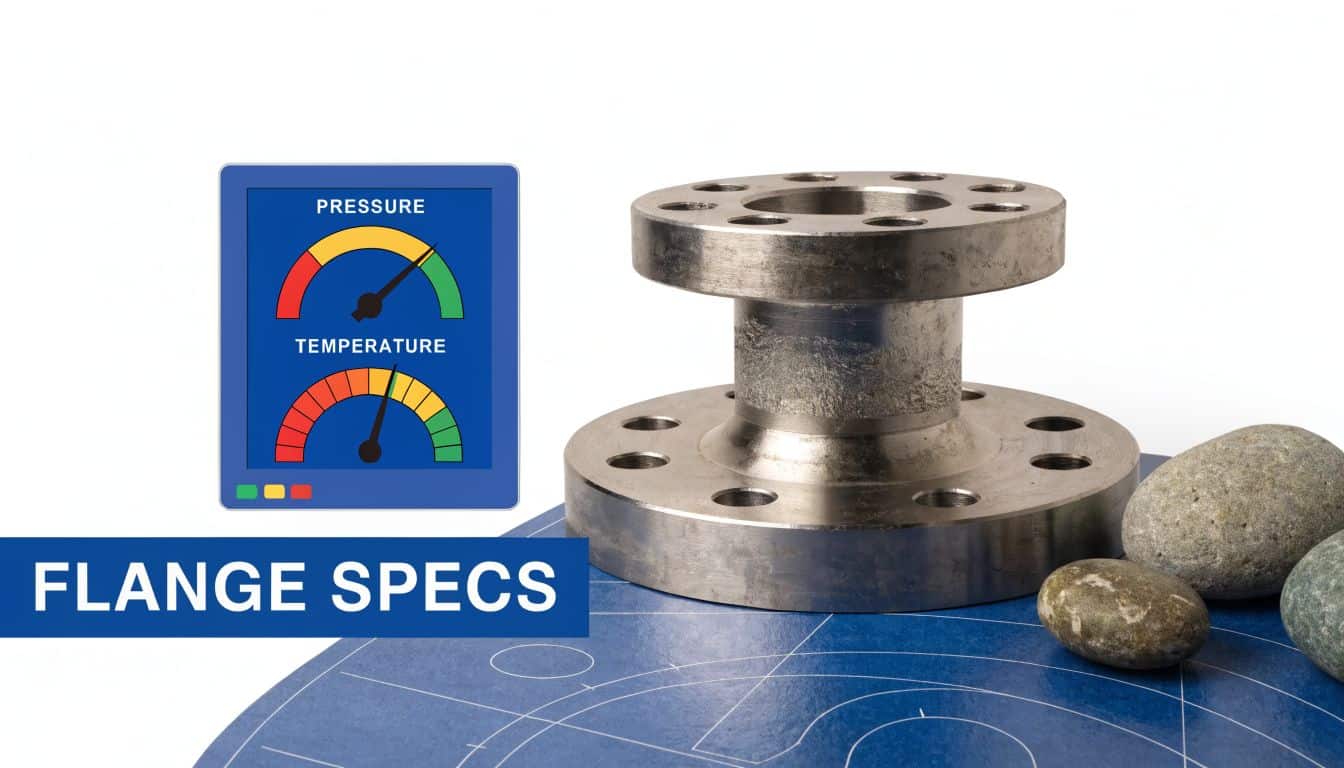 A steel welding neck flange resting on a blue blueprint with pressure and temperature gauge icons.