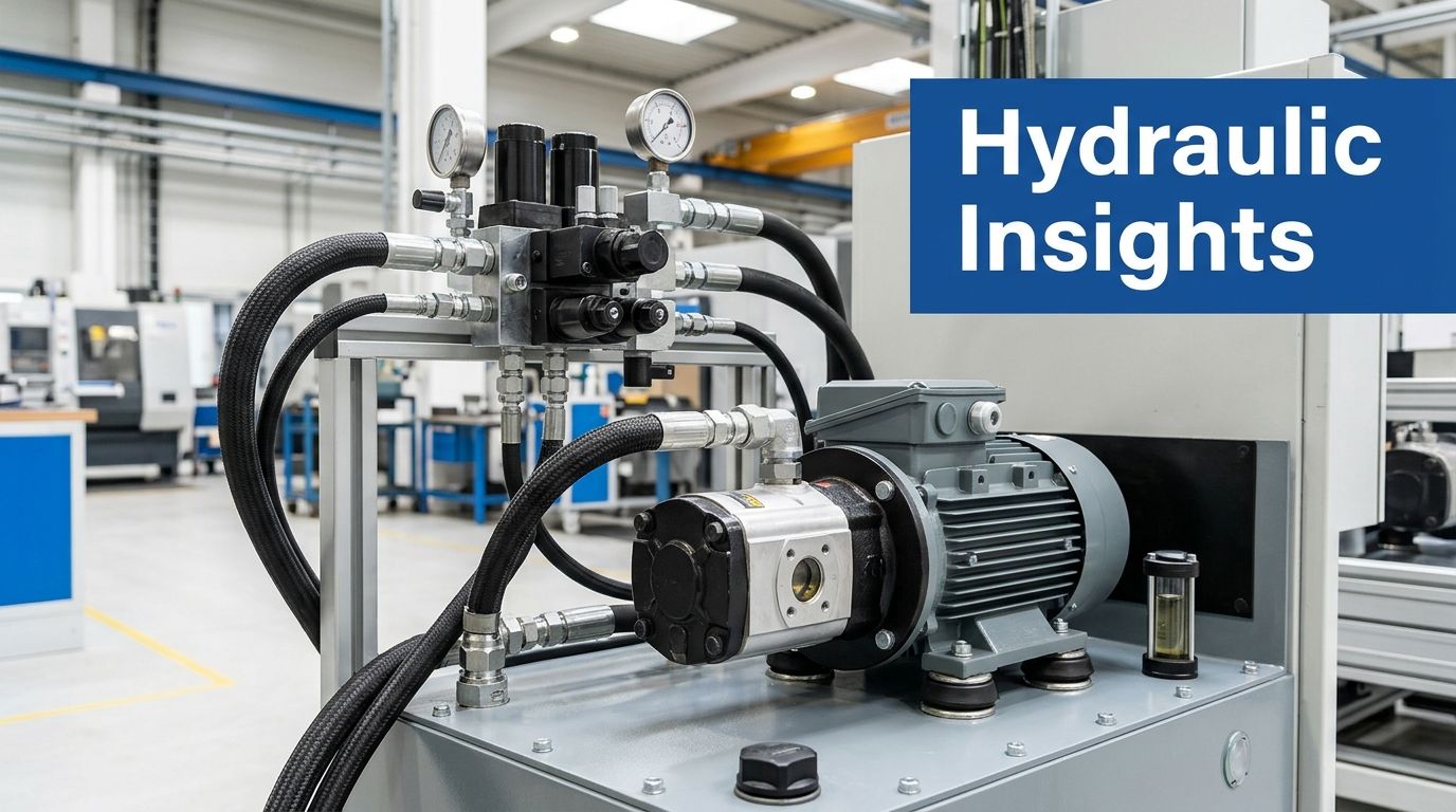 A industrial hydraulic power unit with pump, motor, and pressure gauges sitting in a factory workshop.