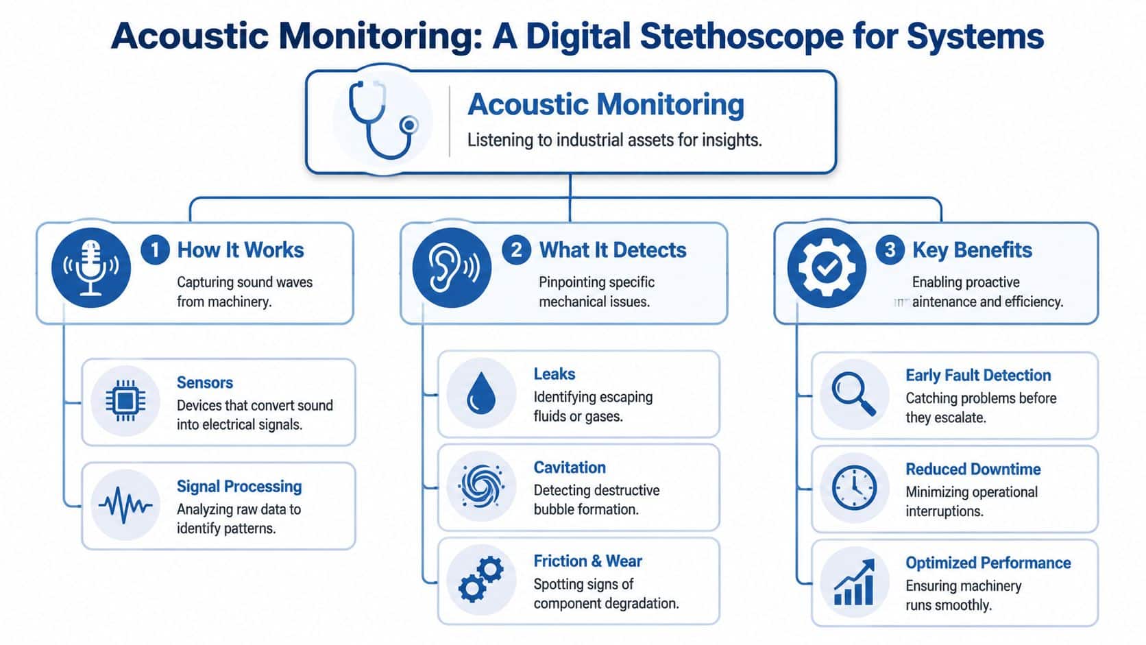 An infographic showing the process of acoustic monitoring as a digital stethoscope for industrial machinery maintenance.