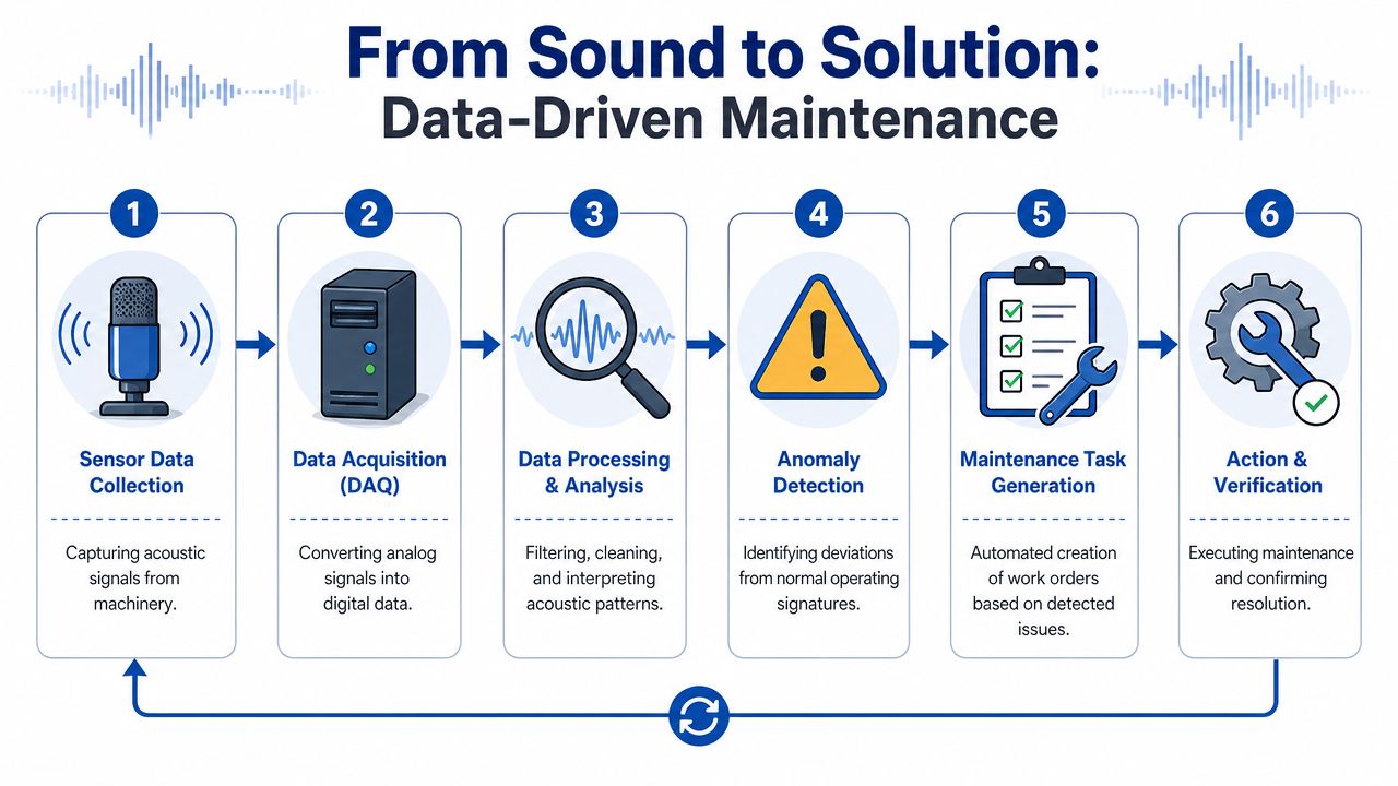 A six-step infographic illustrating the data-driven maintenance process from acoustic sensor collection to final verification action.