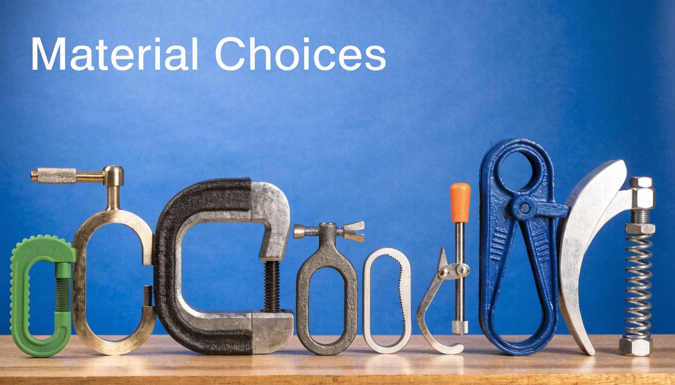 A selection of various metallic and plastic C-clamps arranged in a row on a wooden surface.