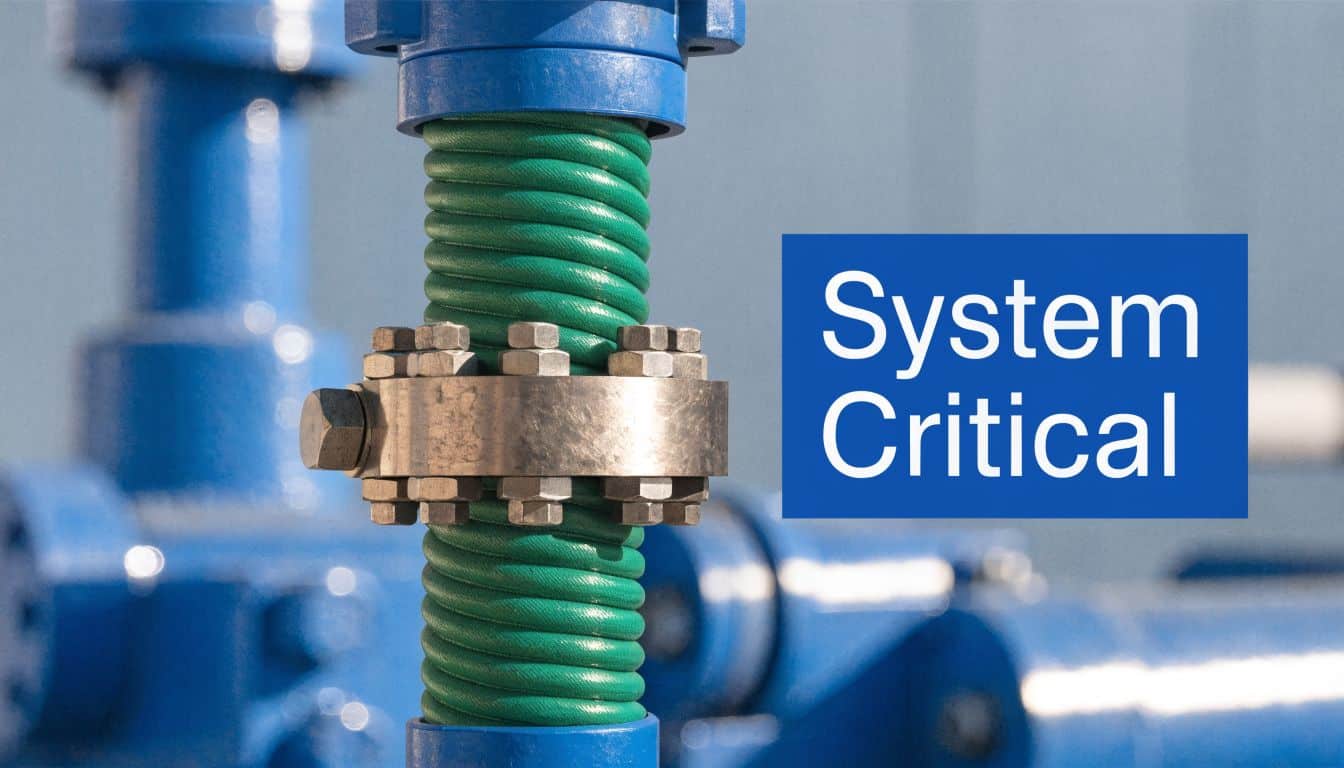 A close-up view of a metal clamp securely fastening a green industrial tubing line in a factory.
