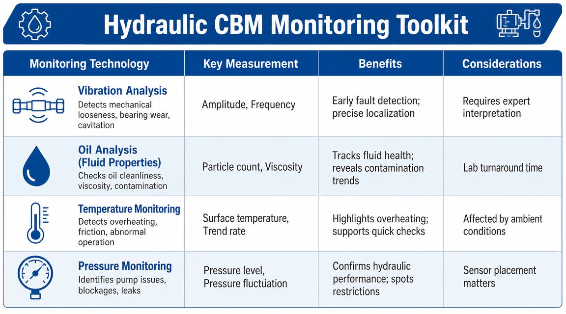 A chart detailing four key technologies for hydraulic condition-based monitoring, including vibration, oil, temperature, and pressure analysis.