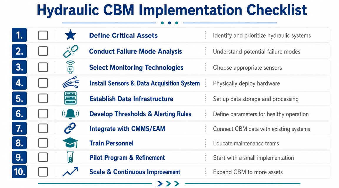 A ten-step checklist for implementing hydraulic condition-based maintenance strategies to monitor and improve industrial system reliability.