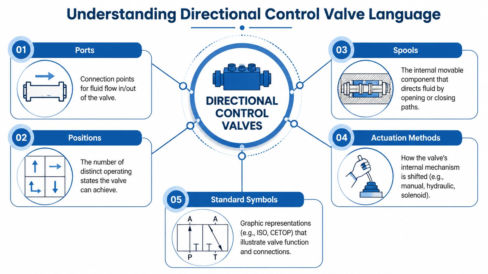 An educational infographic explaining the components and language of directional control valves in hydraulic systems.