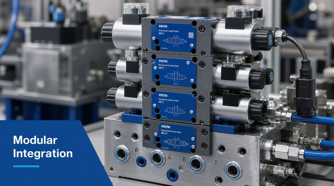 A stack of VOITH modular directional control valves mounted on a hydraulic manifold block in an industrial setting.