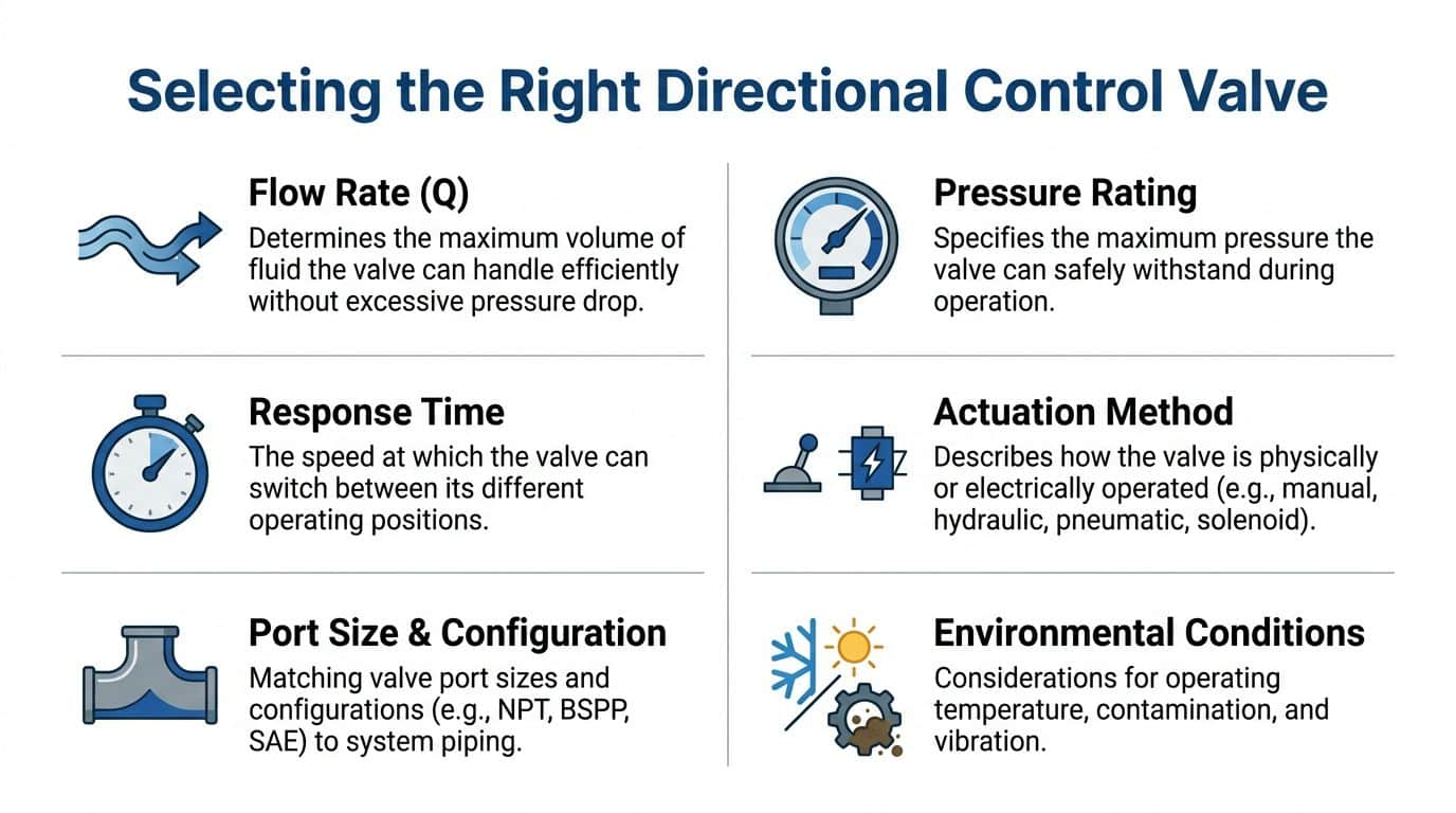An infographic showing six key factors for selecting the right directional control valve for industrial applications.