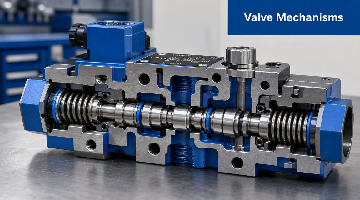 A cutaway view of a hydraulic directional control valve showing internal metal spools and springs.