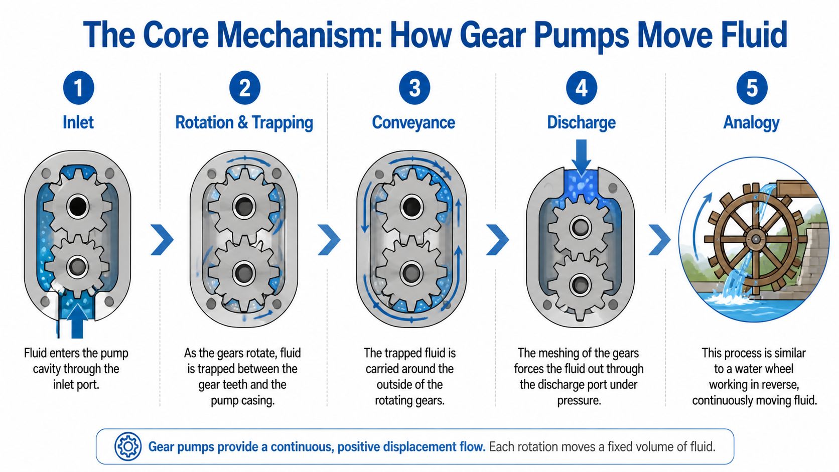 A diagram illustrating the five-step operational mechanism of a gear pump and its displacement flow process.