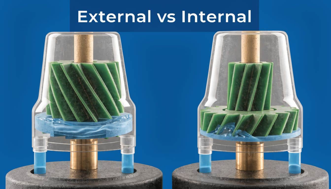 A cutaway view showing the differences between external and internal gear pump mechanisms and operation.