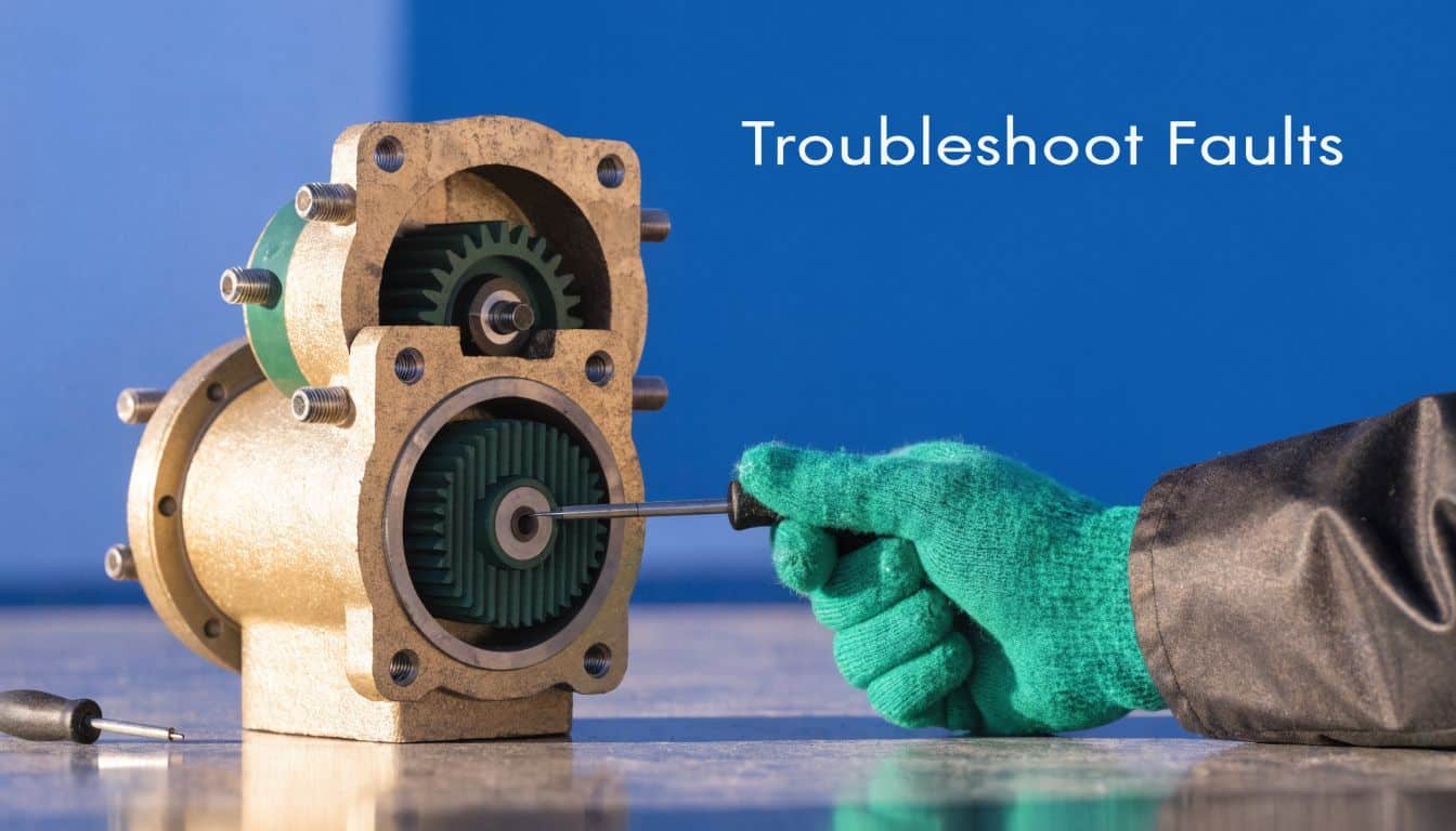 A gloved hand uses a screwdriver to troubleshoot a disassembled brass mechanical gear pump mechanism.