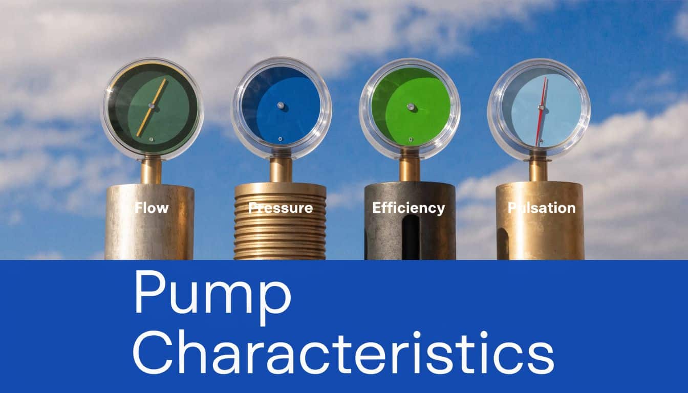 A conceptual graphic displaying four gauges representing flow, pressure, efficiency, and pulsation for pump characteristics.