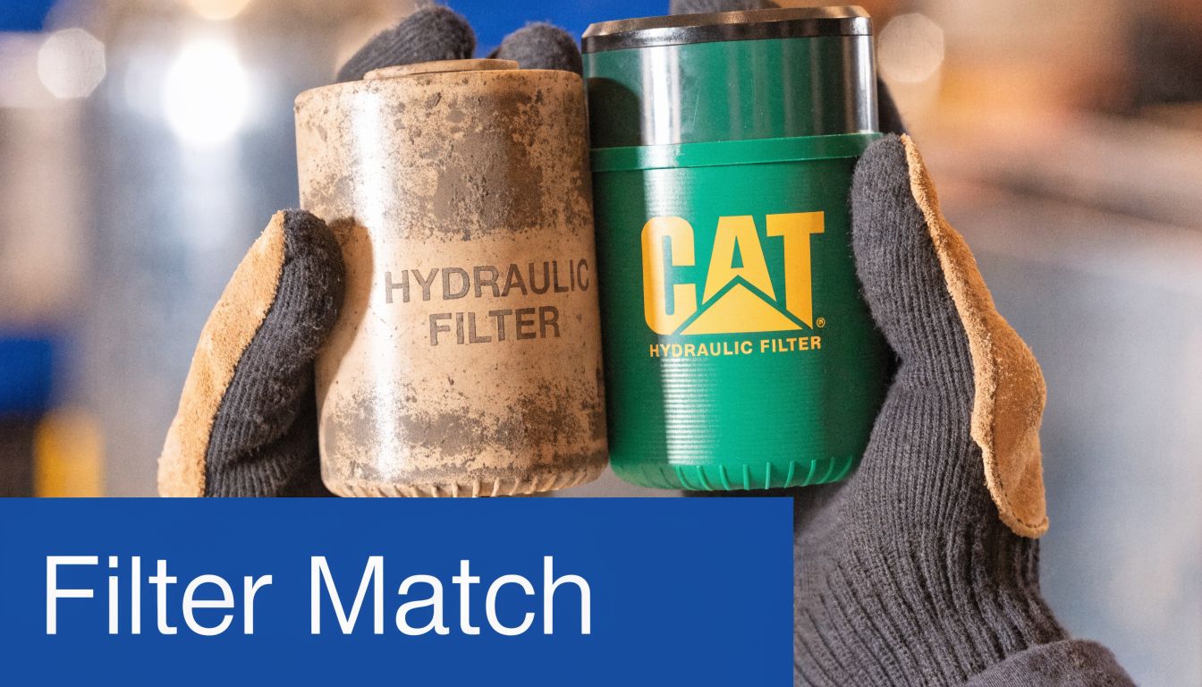 A person wearing work gloves holds an old dirty filter next to a new CAT hydraulic filter.