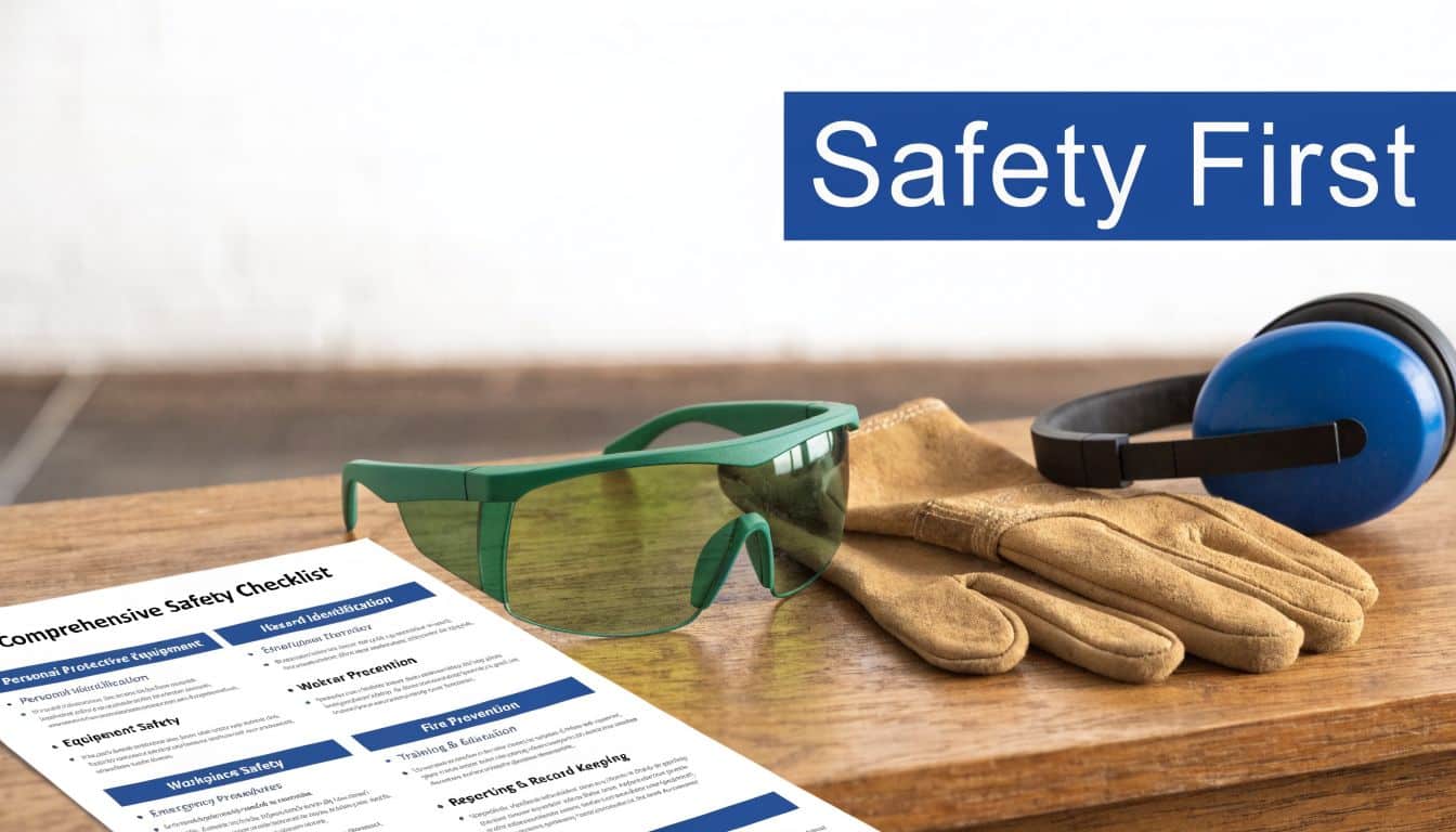 A safety checklist document on a wooden table with protective eyewear, work gloves, and ear defenders.