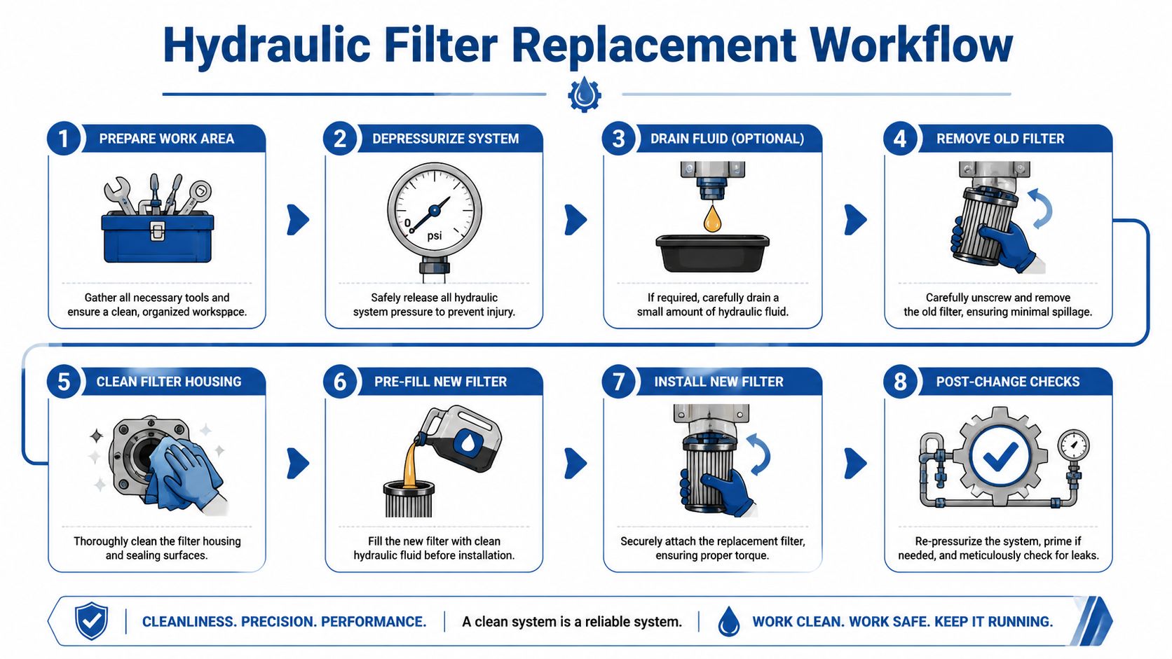 An eight-step instructional infographic showing the process for replacing a hydraulic filter system safely and efficiently.