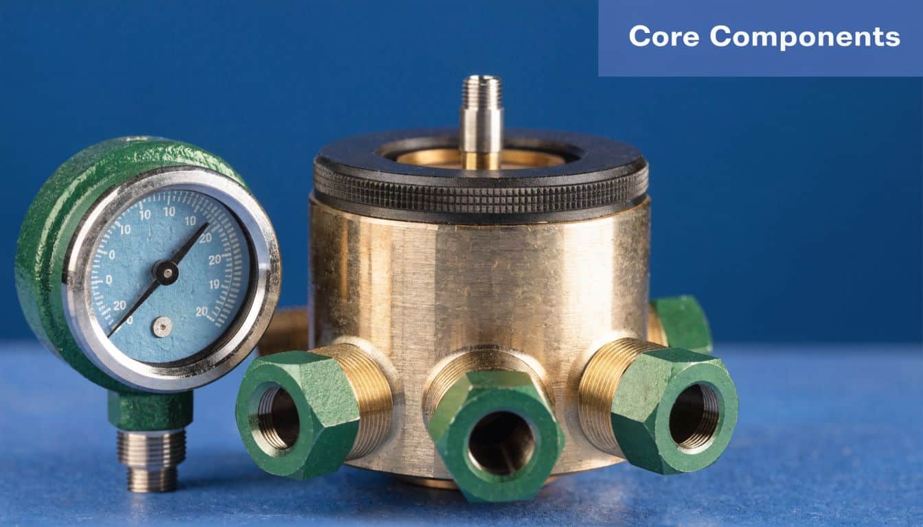 A close-up of a brass hydraulic manifold with a pressure gauge sitting on a blue surface.