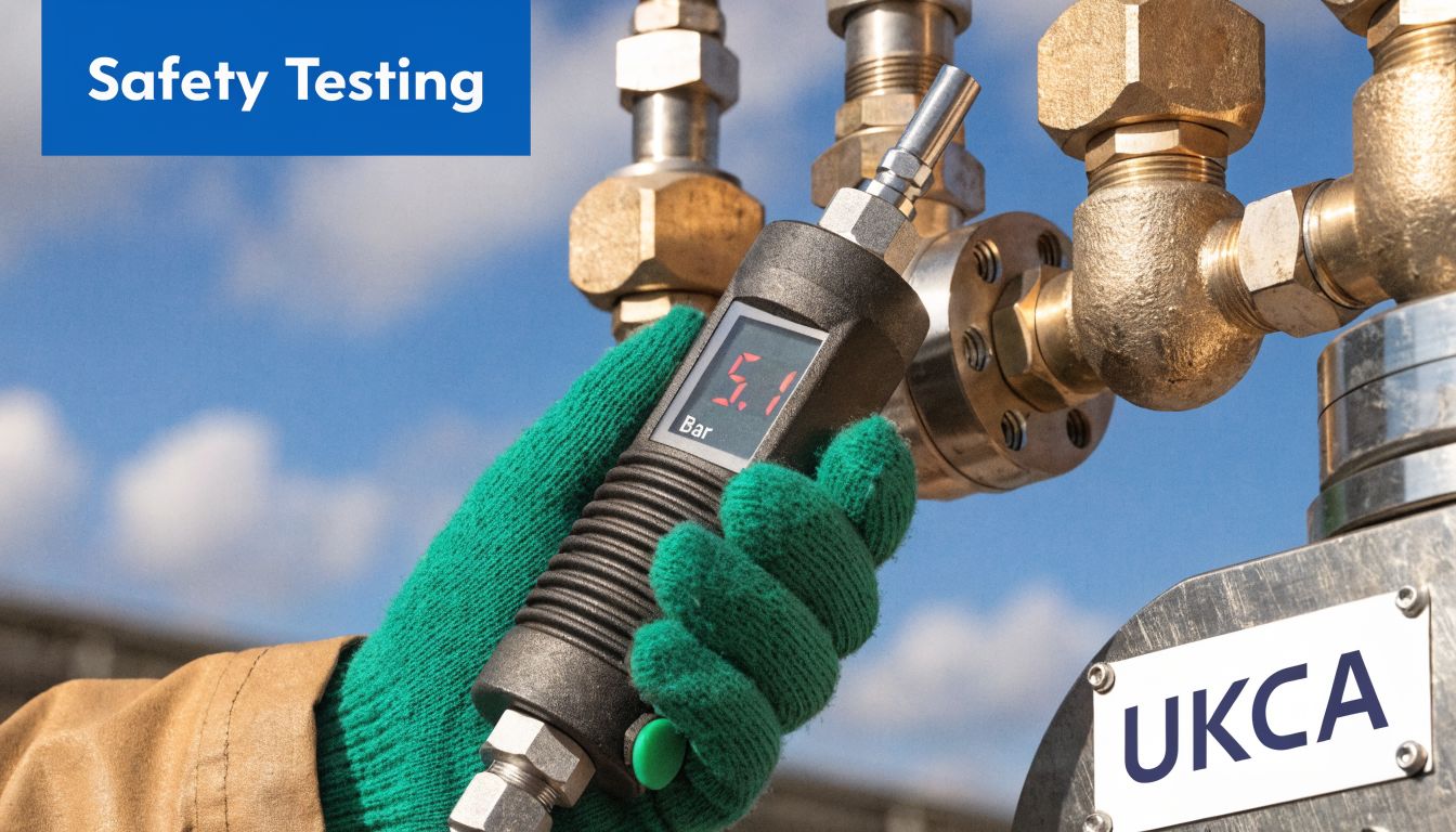A technician wearing a green work glove measures the pressure of a hydraulic system using a digital gauge.