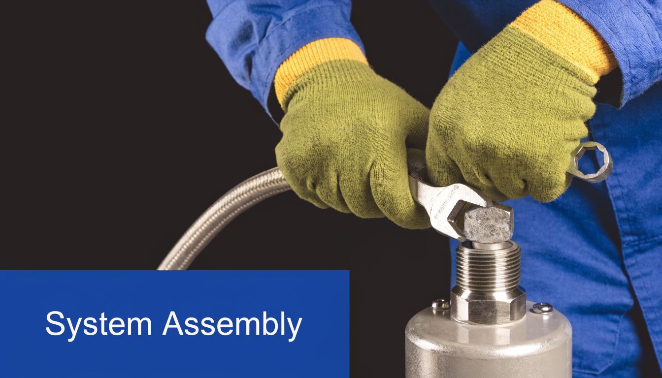 A technician wearing blue coveralls and yellow work gloves tightens a metal hydraulic fitting with a wrench.
