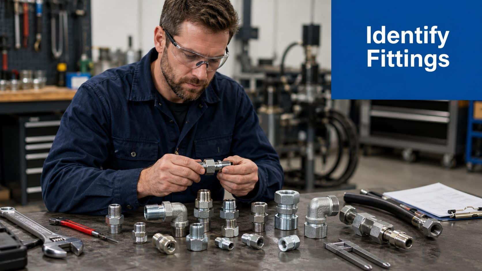 A technician wearing safety goggles inspecting hydraulic pipe fittings on a workshop table filled with tools.