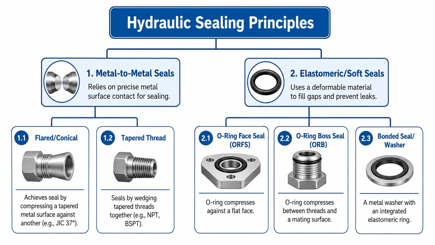 A diagram illustrating hydraulic sealing principles, categorizing metal-to-metal and elastomeric seal types for industrial applications.