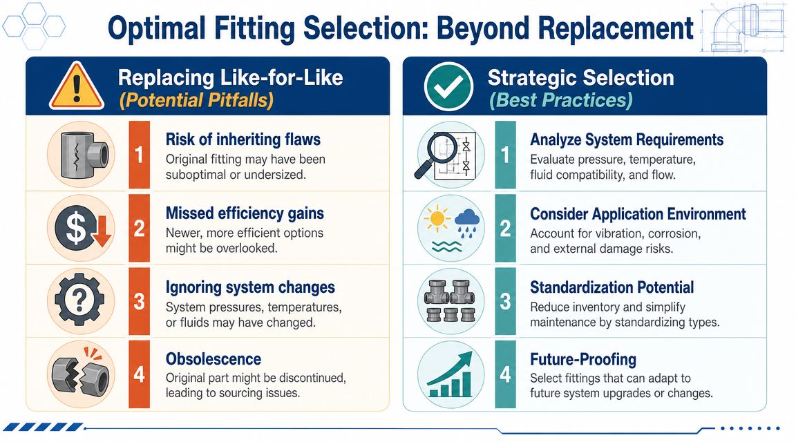 A comparison chart outlining potential pitfalls of replacing hydraulic fittings versus strategic selection and best practices.