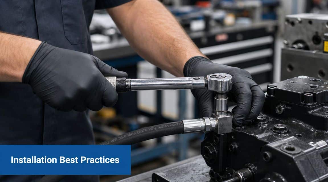 A technician wearing black gloves uses a torque wrench to tighten a hydraulic fitting on machinery.