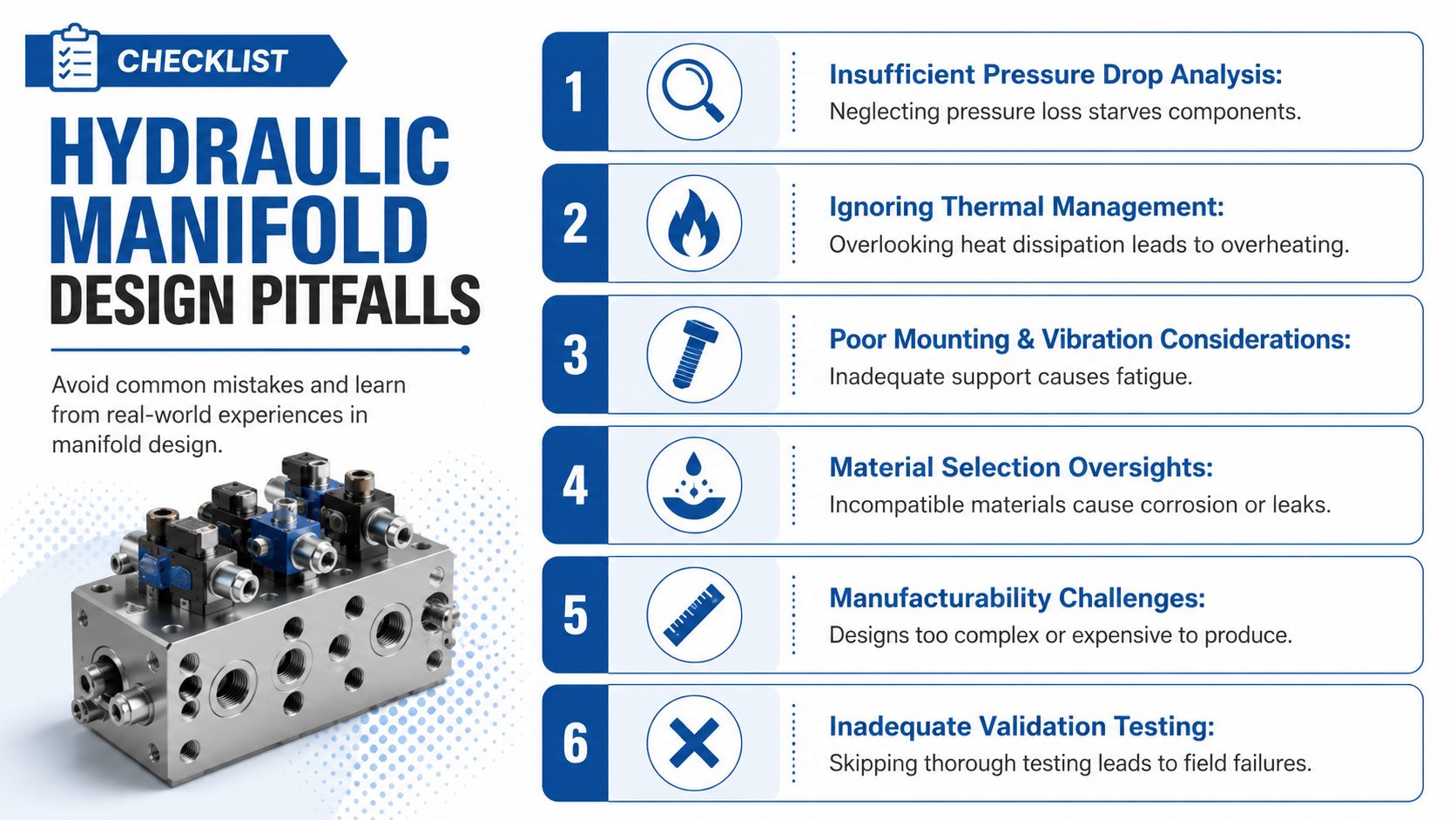 A checklist infographic detailing six common design pitfalls to avoid when creating hydraulic manifold systems for industry.