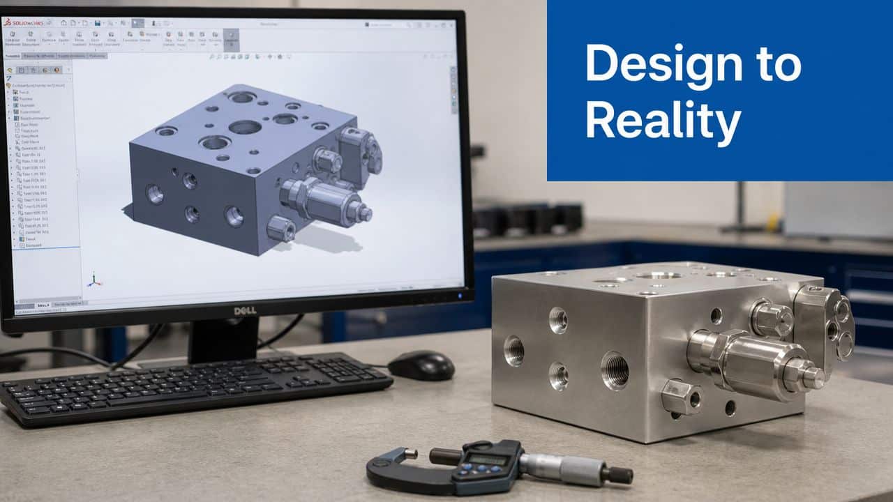 A SolidWorks CAD screen showing a hydraulic manifold design next to the physical manufactured metal part.