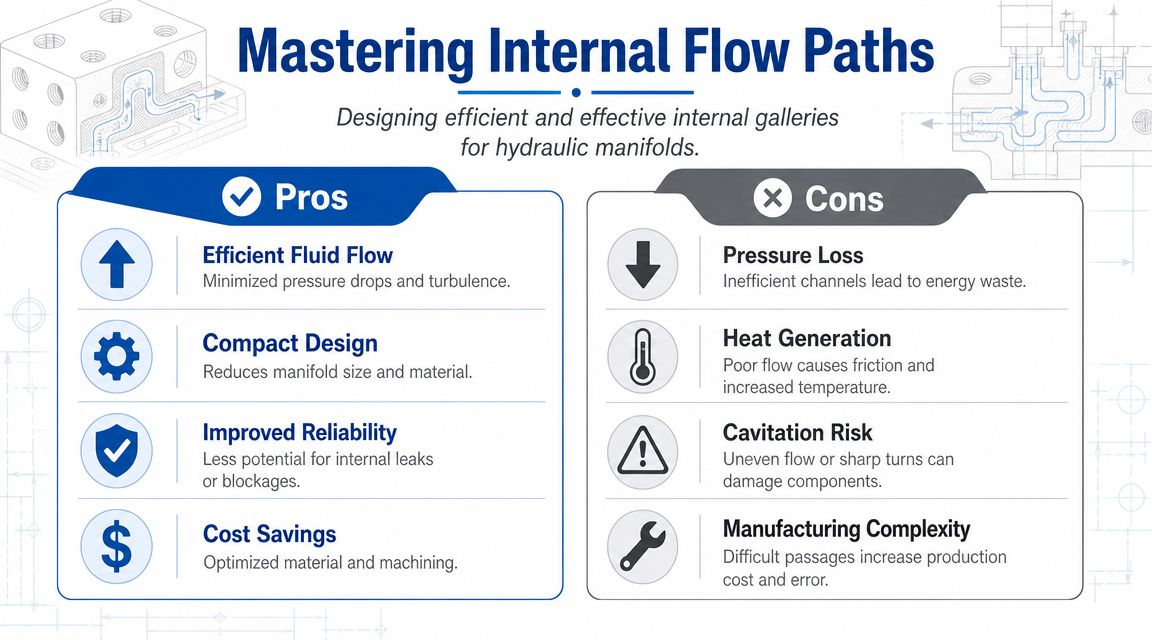 A comparison chart outlining the pros and cons of mastering internal flow paths in hydraulic manifold design.