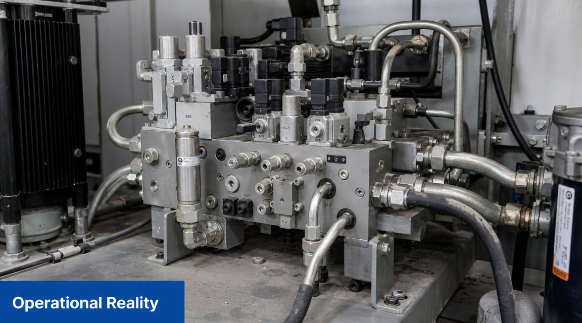 A complex industrial hydraulic manifold system with multiple valves, connectors, and metal piping mounted on a machine.